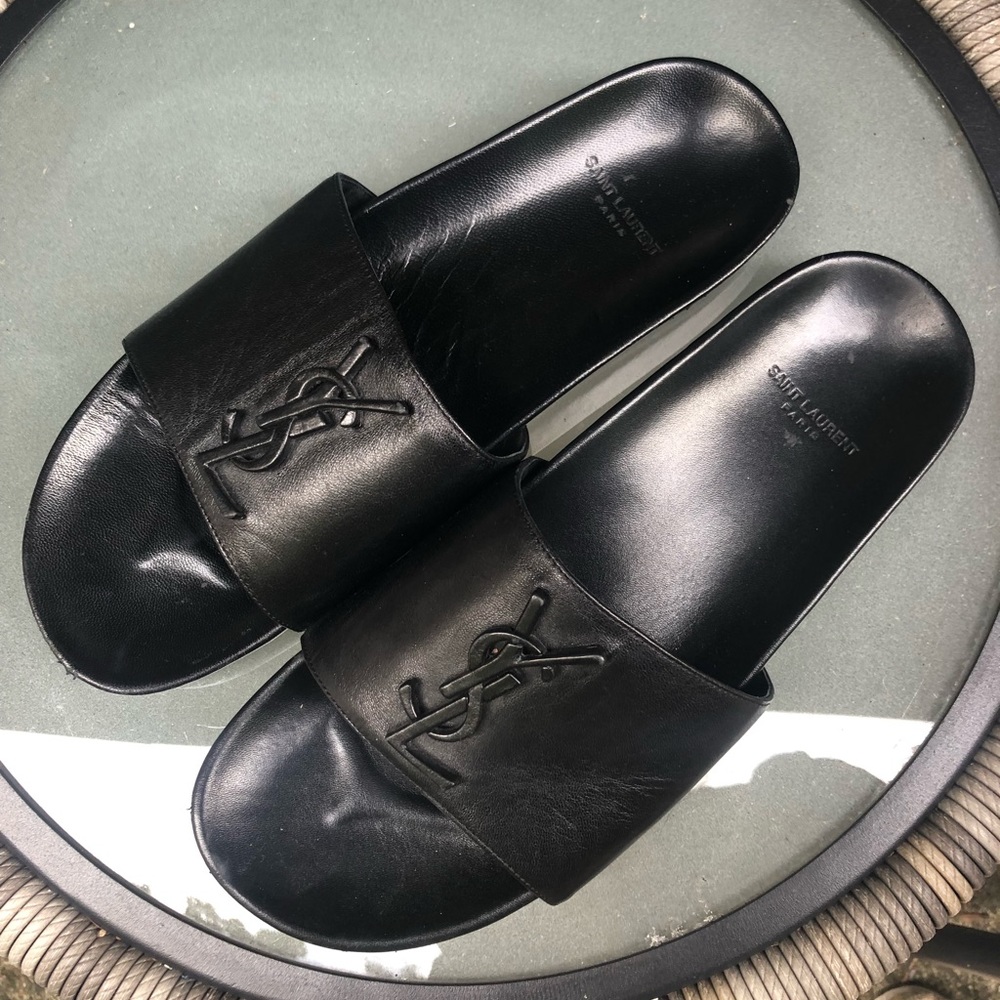 YSL black leather slides